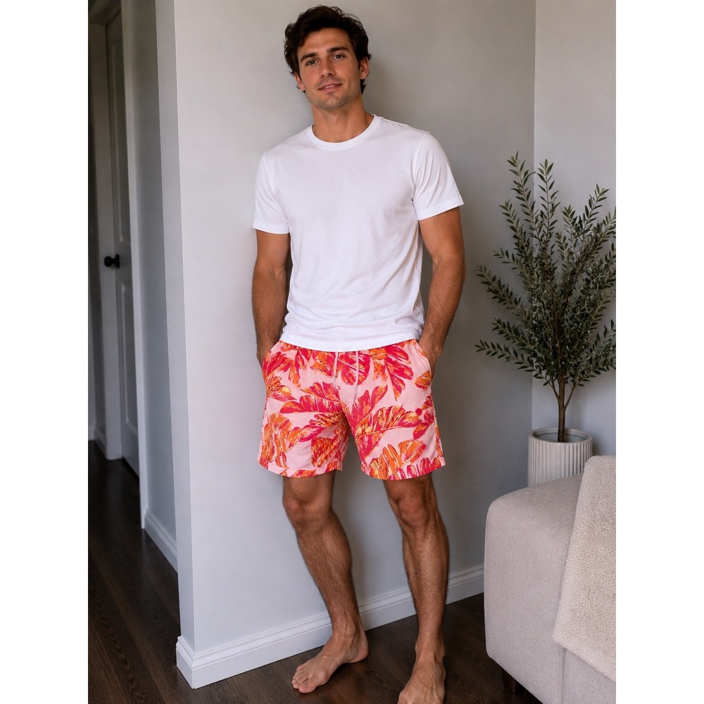 Club Room Mens Pink Tropical Palm Leaf Print Swim Trunks Mesh Lined Size L